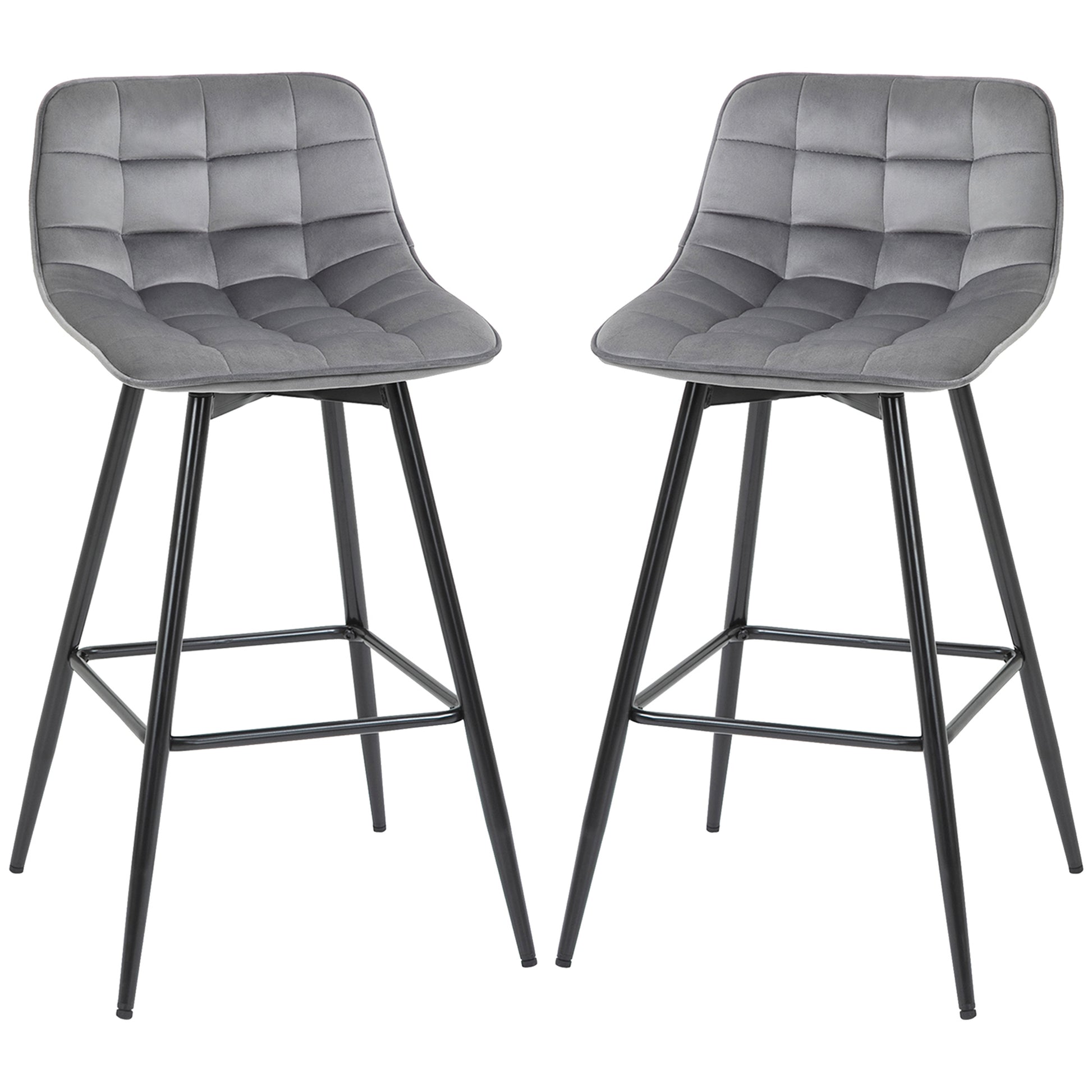 Set of 2 High Stools in Nordic Style with Backrest and Footrest, Stools with Velvet Effect Fabric and Metal, 45x47x88 cm, Gray