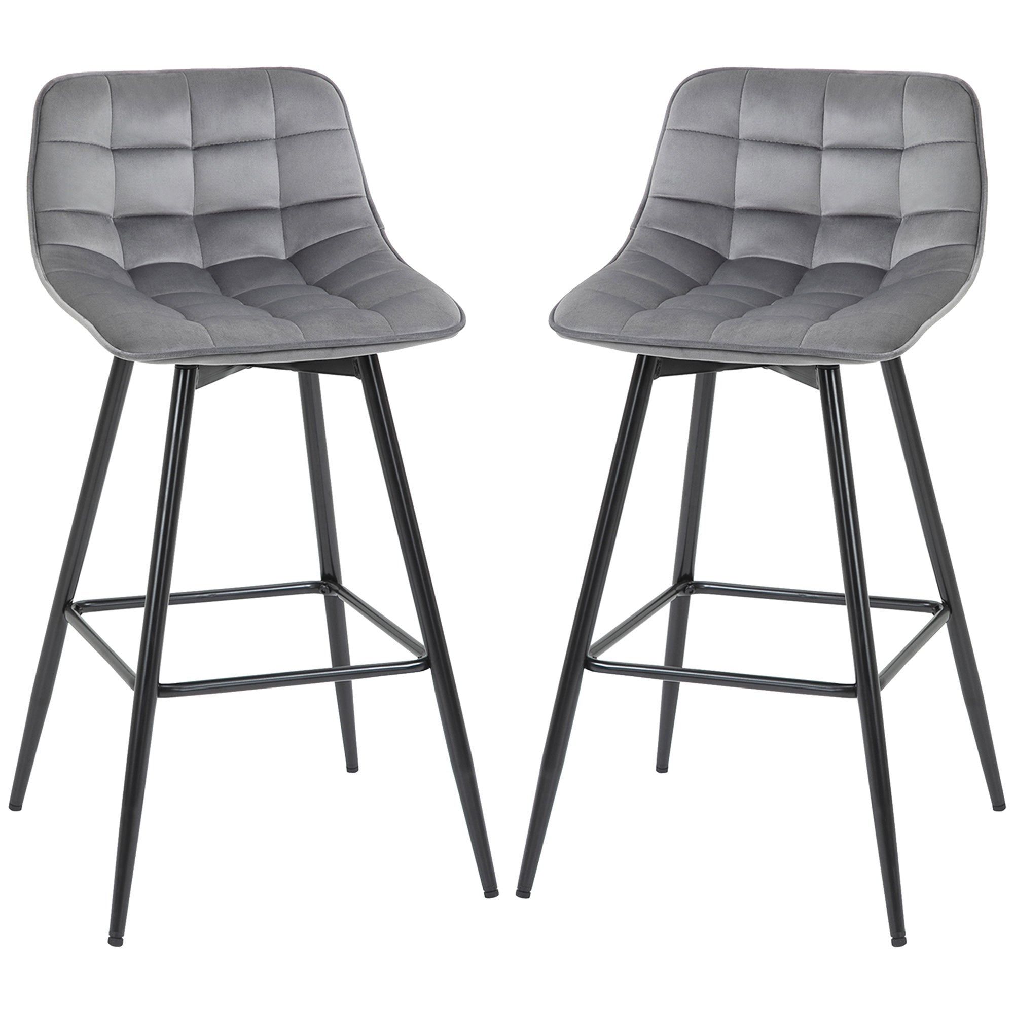 Set of 2 High Stools in Nordic Style with Backrest and Footrest, Stools with Velvet Effect Fabric and Metal, 45x47x88 cm, Gray