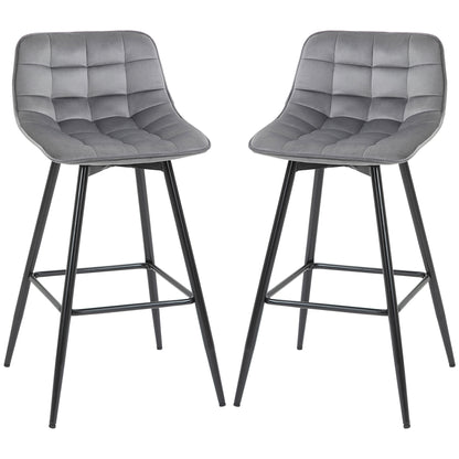 Set of 2 High Stools in Nordic Style with Backrest and Footrest, Stools with Velvet Effect Fabric and Metal, 45x47x88 cm, Gray
