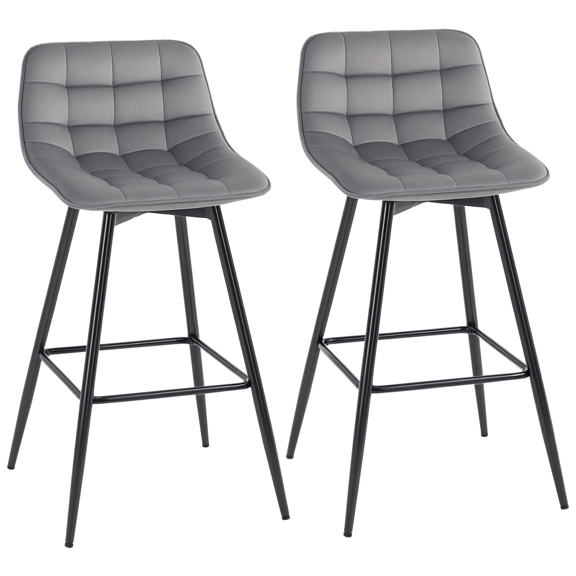 Set of 2 High Stools in Nordic Style with Backrest and Footrest, Stools with Velvet Effect Fabric and Metal, 45x47x88 cm, Gray
