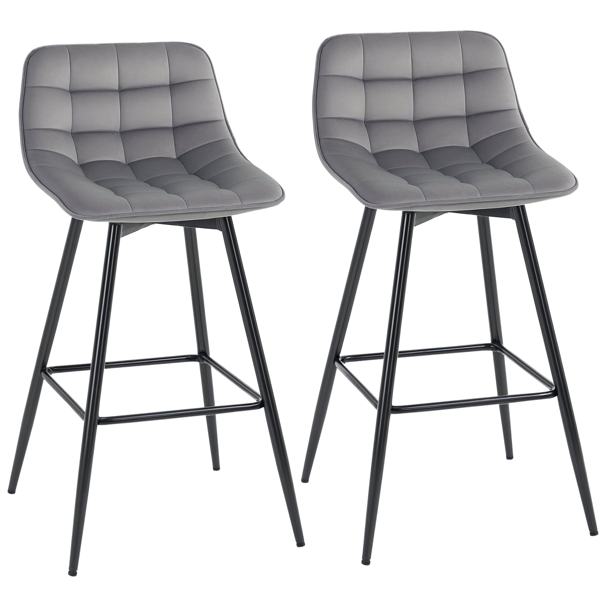 Set of 2 High Stools in Nordic Style with Backrest and Footrest, Stools with Velvet Effect Fabric and Metal, 45x47x88 cm, Gray