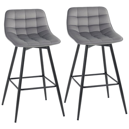 Set of 2 High Stools in Nordic Style with Backrest and Footrest, Stools with Velvet Effect Fabric and Metal, 45x47x88 cm, Gray