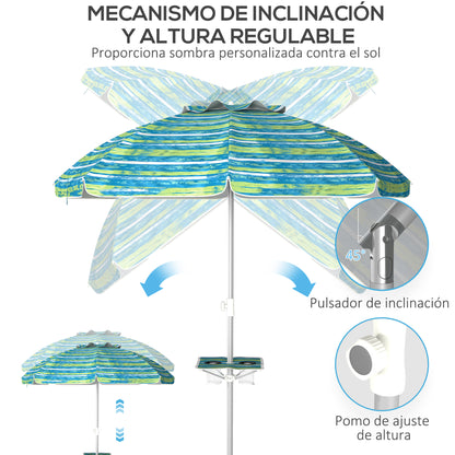 Beach Umbrella Ø190x215 cm Patio Umbrella with 45° Tilt Adjustable Height Table with Cup Holders Anti-UV Waterproof Carry Bag for Garden Pool Multicolor
