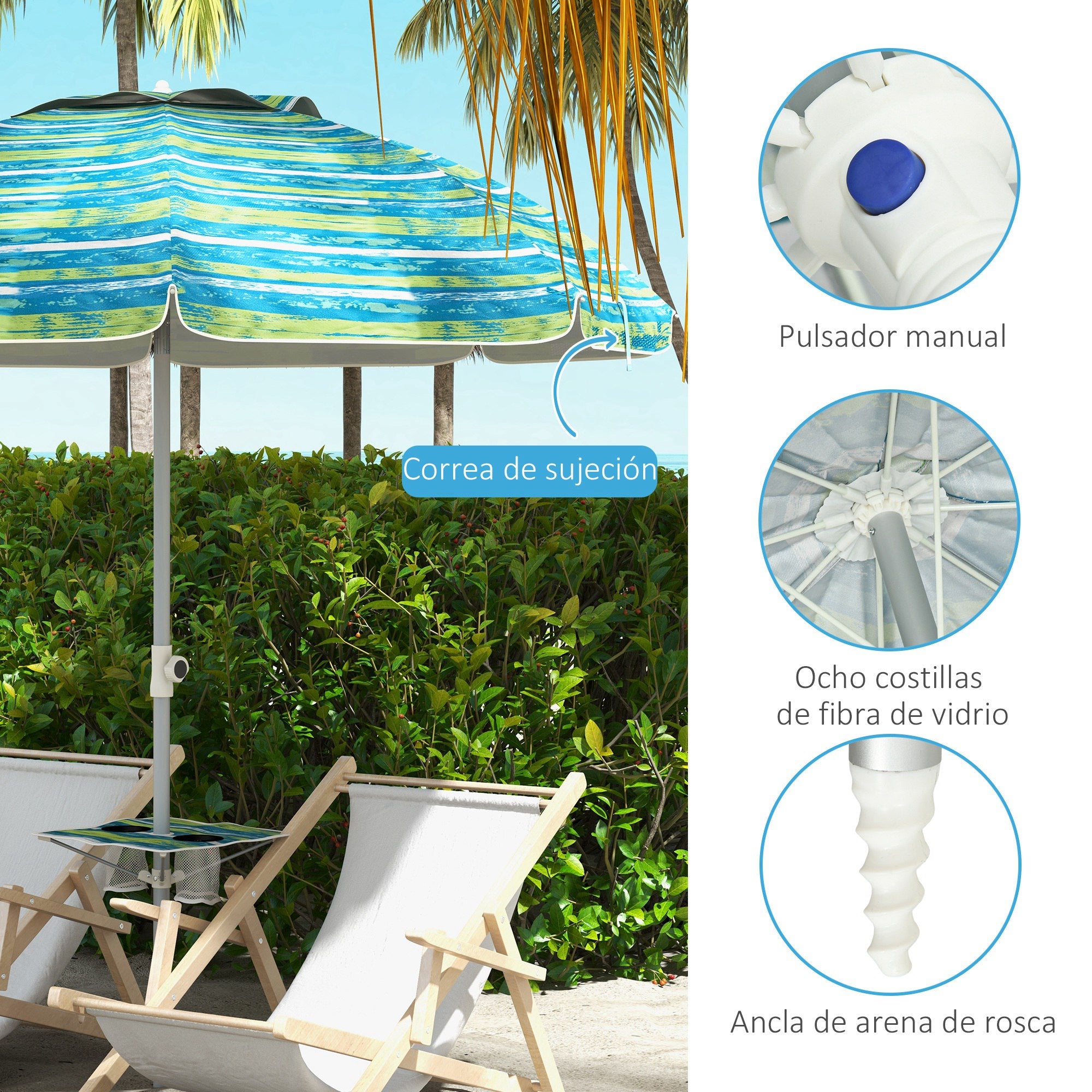 Beach Umbrella Ø190x215 cm Patio Umbrella with 45° Tilt Adjustable Height Table with Cup Holders Anti-UV Waterproof Carry Bag for Garden Pool Multicolor