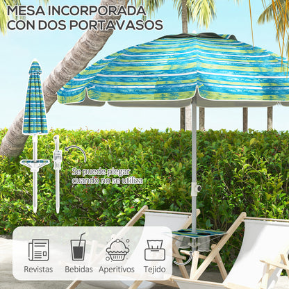Beach Umbrella Ø190x215 cm Patio Umbrella with 45° Tilt Adjustable Height Table with Cup Holders Anti-UV Waterproof Carry Bag for Garden Pool Multicolor