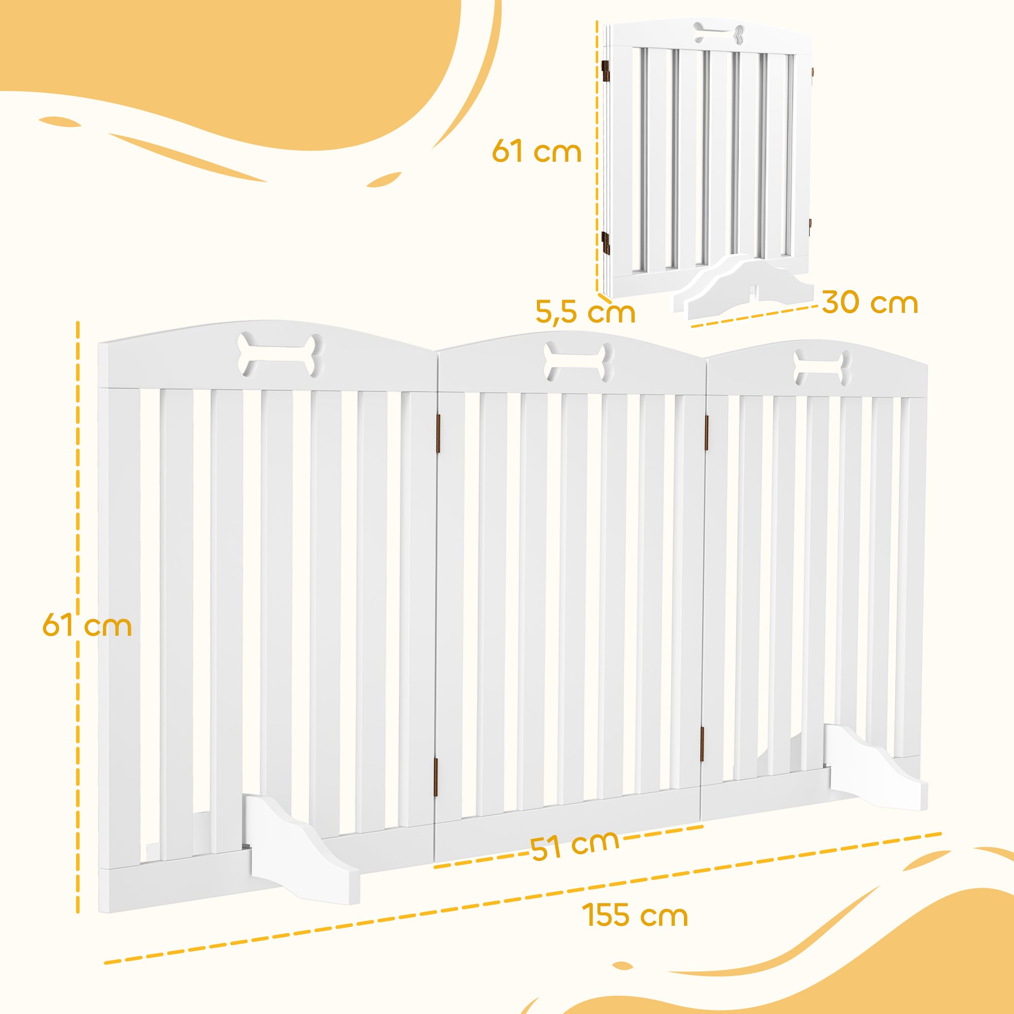Dog Barrier 3-piece, 155 x 61 cm Foldable Door Guard with 2 Support Feet, Freestanding Dog Gate, Stair Gate for Medium Dogs, for Hallway, Stairs, White