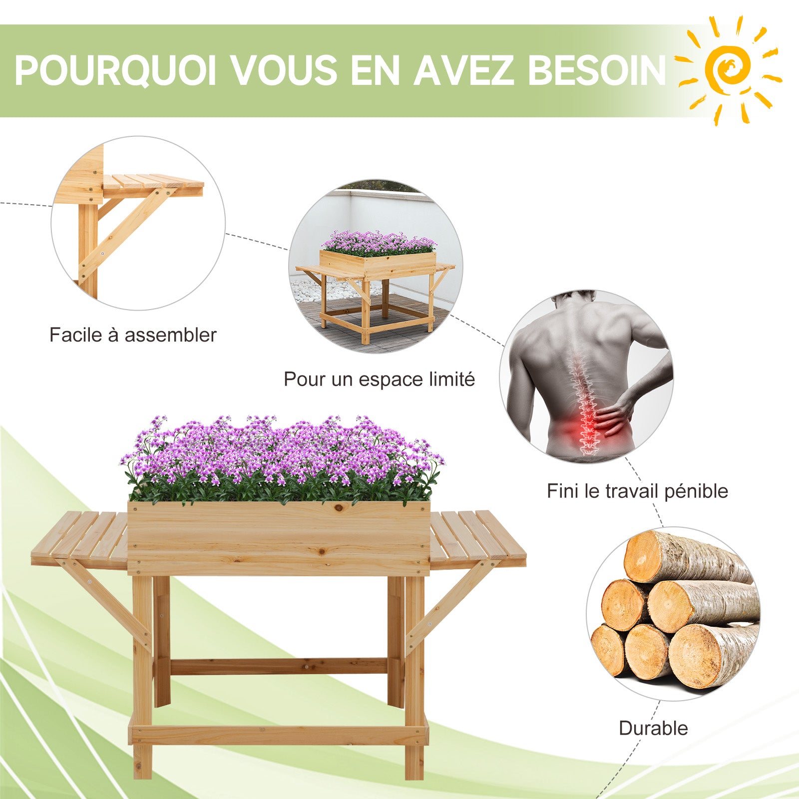 Rectangular Raised Planter with Side Shelves and Non-woven Fabric Cover 130 x 75 x 75 cm Natural