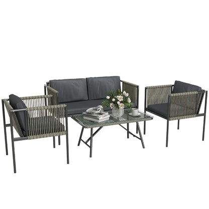 Garden Furniture Set made of Poly Rattan Lounge Set with 2-Seater Sofa Armchair Glass Table Cushions Weatherproof Balcony Furniture for 4 People Outdoor Seating Group Patio Furniture for Garden Balcony Gray