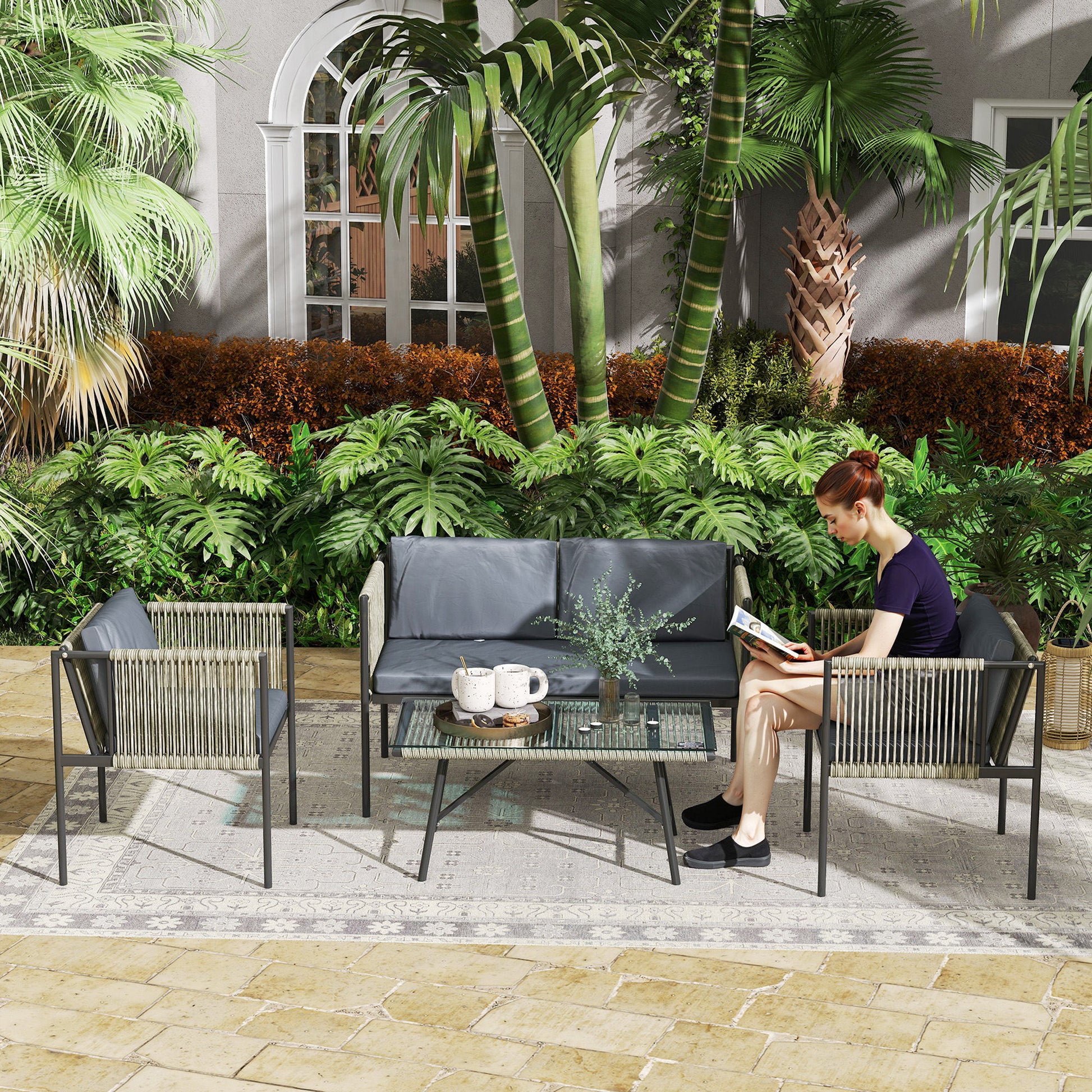 Garden Furniture Set made of Poly Rattan Lounge Set with 2-Seater Sofa Armchair Glass Table Cushions Weatherproof Balcony Furniture for 4 People Outdoor Seating Group Patio Furniture for Garden Balcony Gray