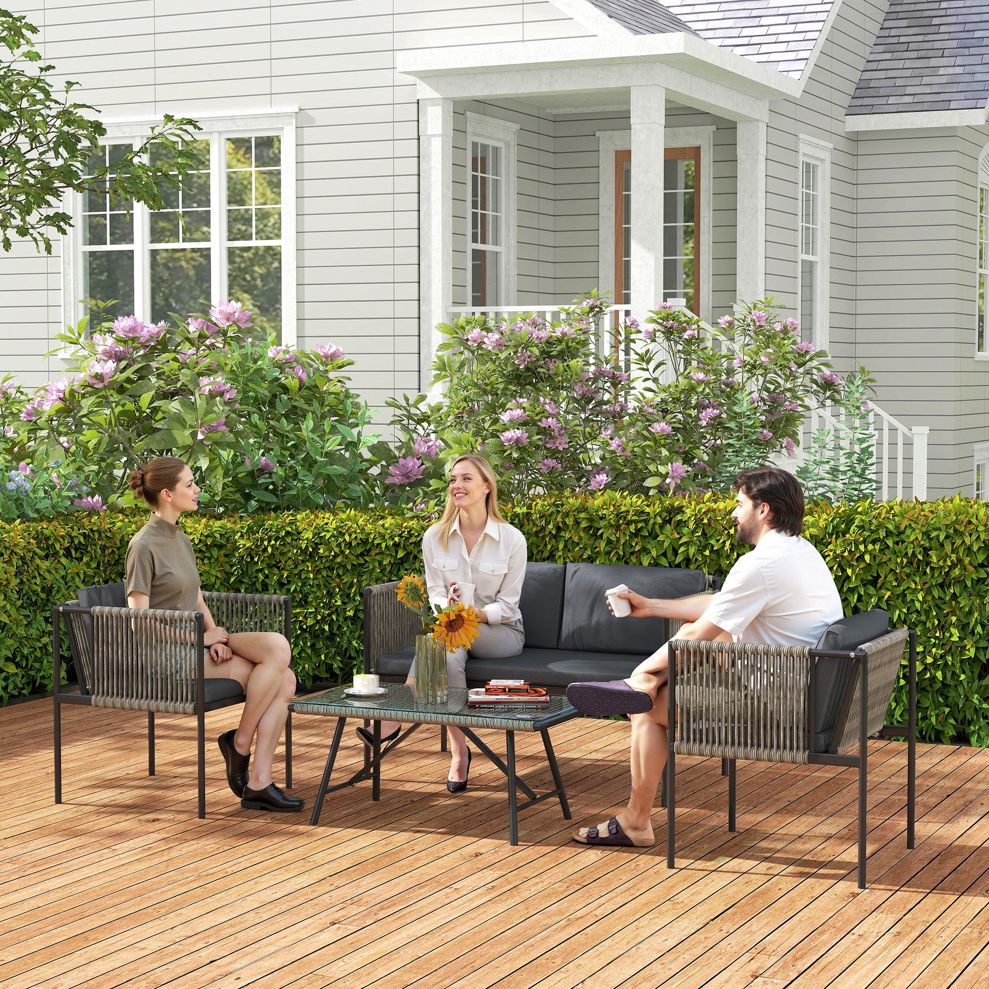 Garden Furniture Set made of Poly Rattan Lounge Set with 2-Seater Sofa Armchair Glass Table Cushions Weatherproof Balcony Furniture for 4 People Outdoor Seating Group Patio Furniture for Garden Balcony Gray