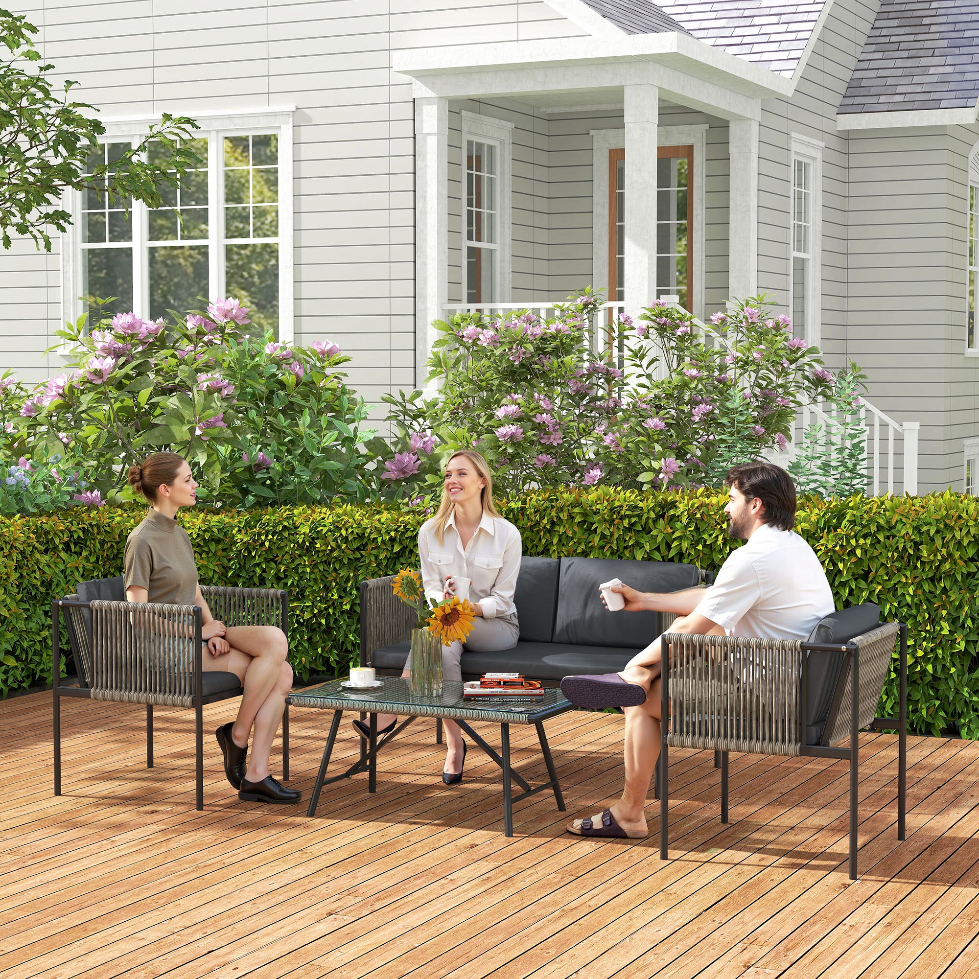 Garden Furniture Set made of Poly Rattan Lounge Set with 2-Seater Sofa Armchair Glass Table Cushions Weatherproof Balcony Furniture for 4 People Outdoor Seating Group Patio Furniture for Garden Balcony Gray