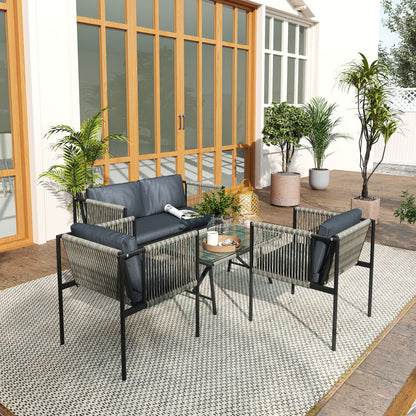 Garden Furniture Set made of Poly Rattan Lounge Set with 2-Seater Sofa Armchair Glass Table Cushions Weatherproof Balcony Furniture for 4 People Outdoor Seating Group Patio Furniture for Garden Balcony Gray