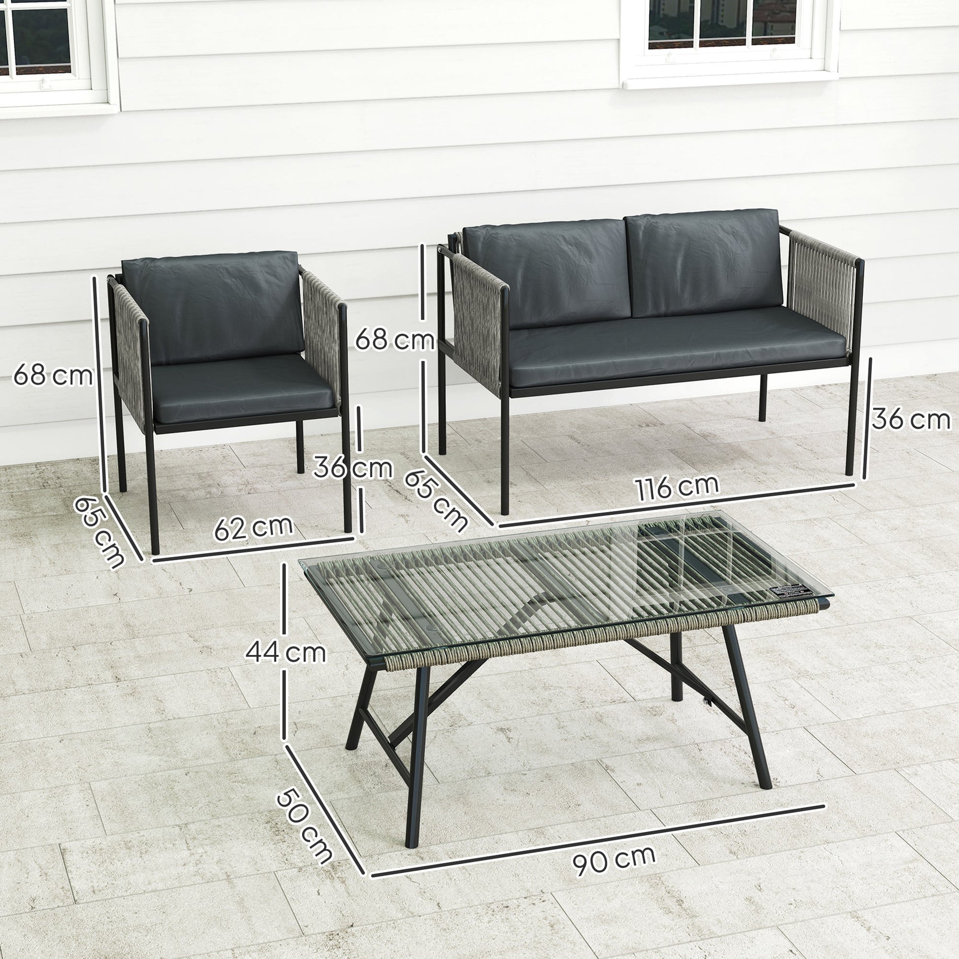 Garden Furniture Set made of Poly Rattan Lounge Set with 2-Seater Sofa Armchair Glass Table Cushions Weatherproof Balcony Furniture for 4 People Outdoor Seating Group Patio Furniture for Garden Balcony Gray