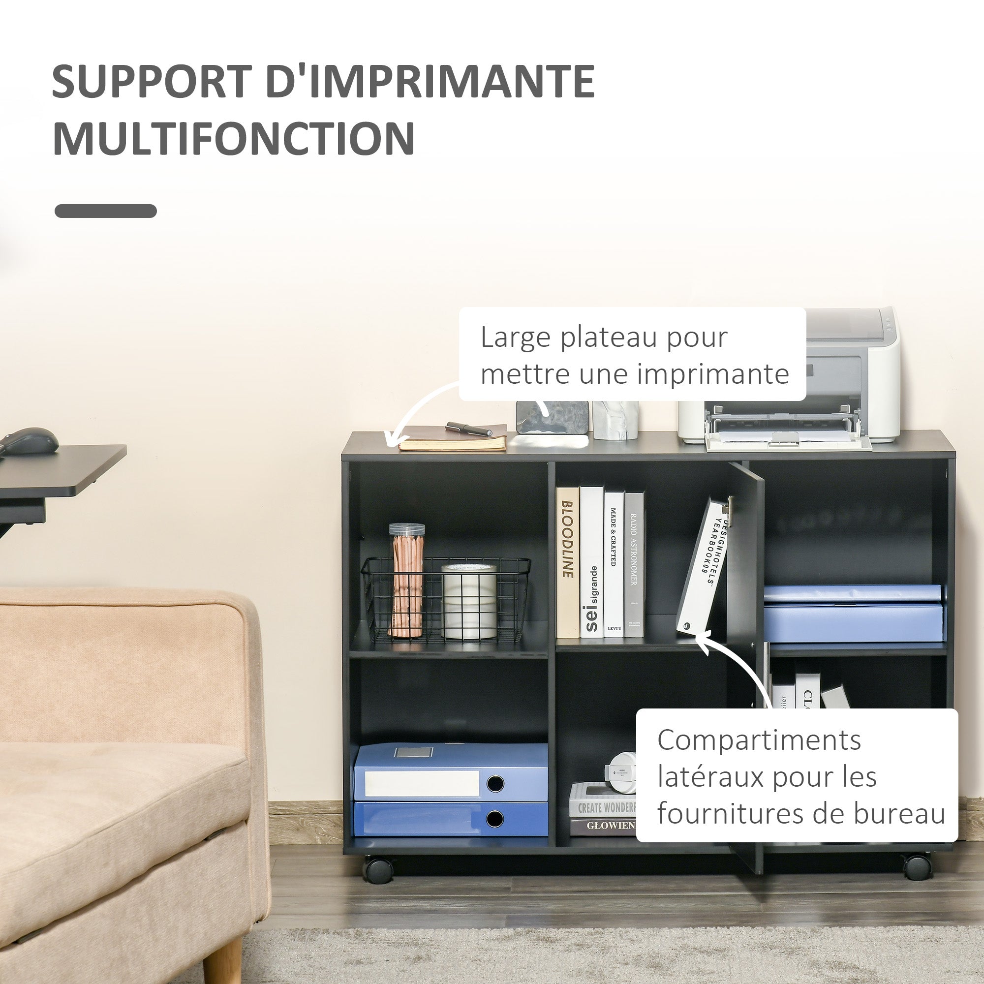 Printer Stand - Rolling Office Organization Drawer - Dimensions 100L x 40W x 71H cm in Black Wood