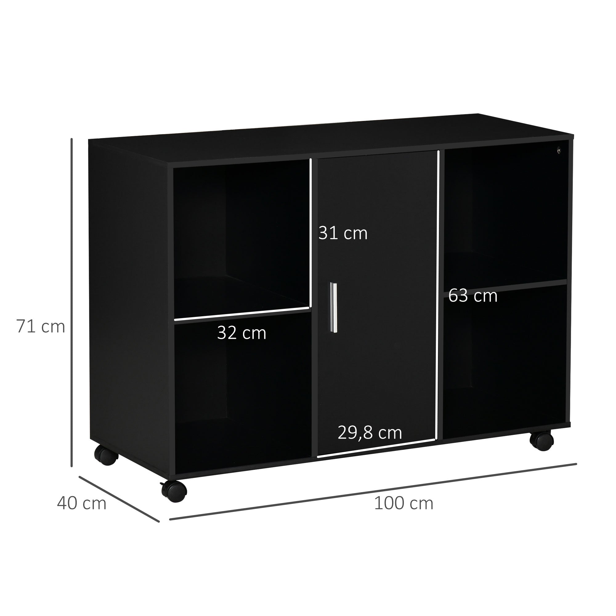 Printer Stand - Rolling Office Organization Drawer - Dimensions 100L x 40W x 71H cm in Black Wood