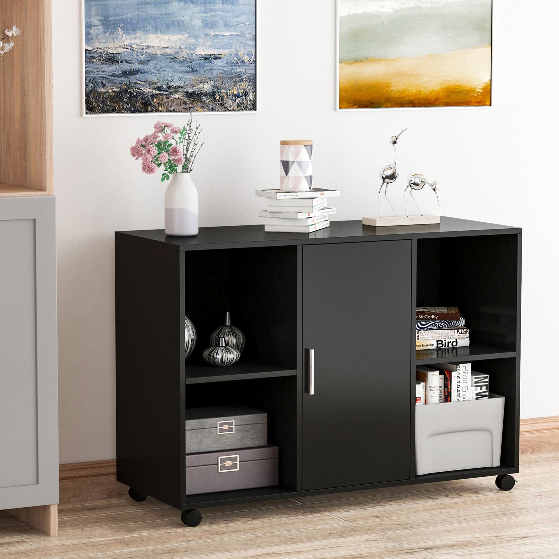Printer Stand - Rolling Office Organization Drawer - Dimensions 100L x 40W x 71H cm in Black Wood