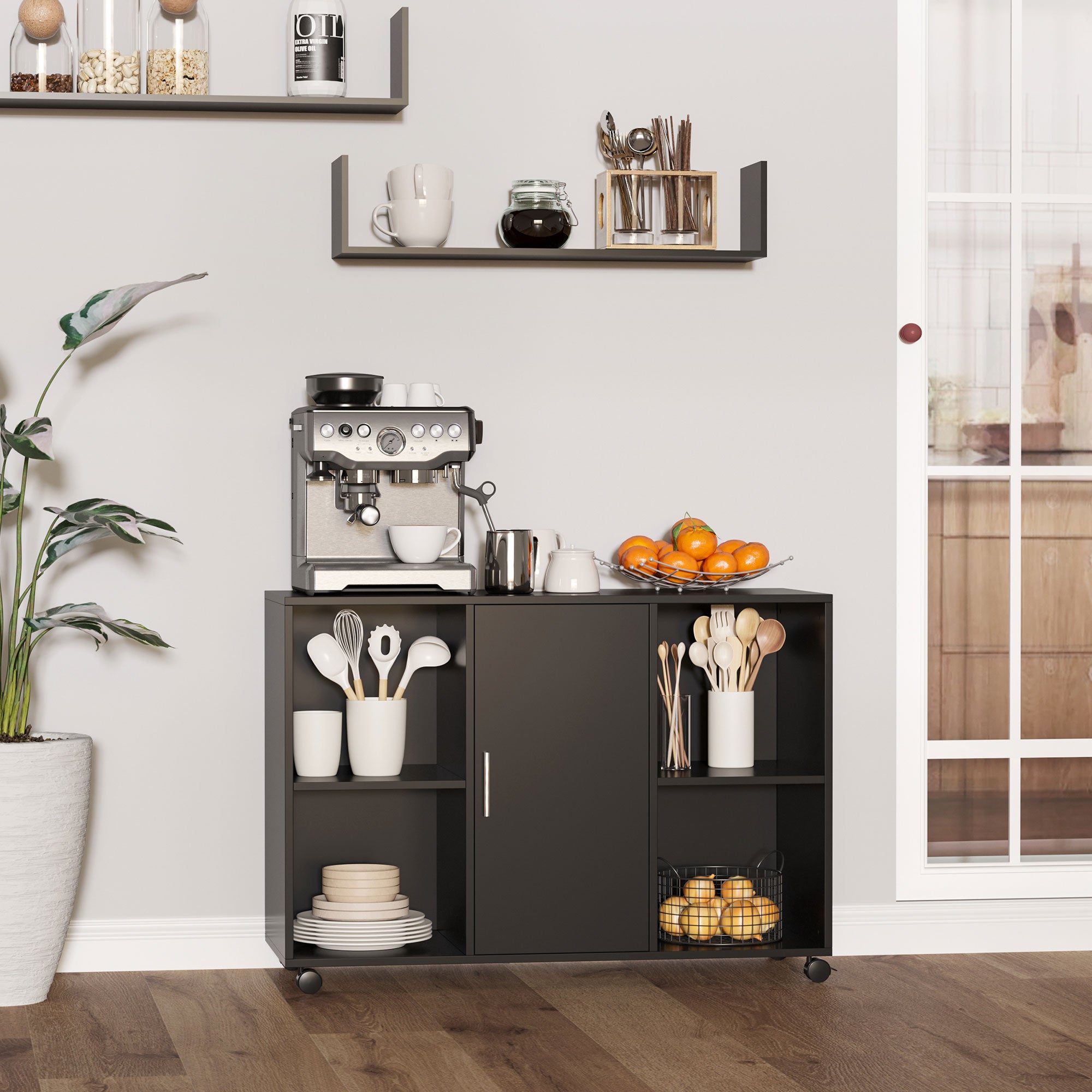Printer Stand - Rolling Office Organization Drawer - Dimensions 100L x 40W x 71H cm in Black Wood