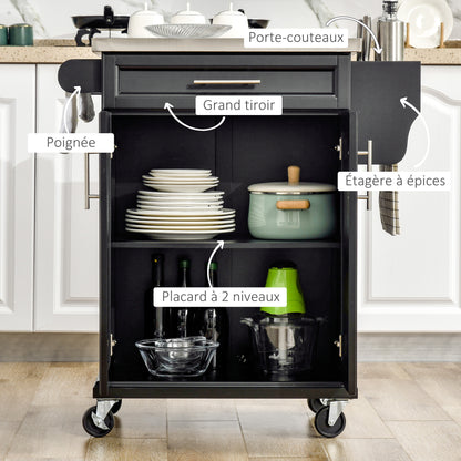 Kitchen Island Cart with Stainless Steel Top, Adjustable Shelf, Drawer, Spice Rack, Knife Holder, and Towel Rack, 83.5 x 45.7 x 90.5 cm, Black