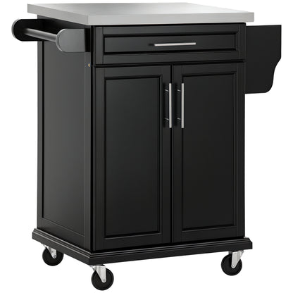 Kitchen Island Cart with Stainless Steel Top, Adjustable Shelf, Drawer, Spice Rack, Knife Holder, and Towel Rack, 83.5 x 45.7 x 90.5 cm, Black