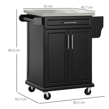 Kitchen Island Cart with Stainless Steel Top, Adjustable Shelf, Drawer, Spice Rack, Knife Holder, and Towel Rack, 83.5 x 45.7 x 90.5 cm, Black