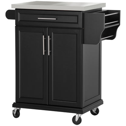 Kitchen Island Cart with Stainless Steel Top, Adjustable Shelf, Drawer, Spice Rack, Knife Holder, and Towel Rack, 83.5 x 45.7 x 90.5 cm, Black