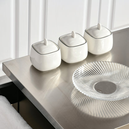 Kitchen Island Cart with Stainless Steel Top, Adjustable Shelf, Drawer, Spice Rack, Knife Holder, and Towel Rack, 83.5 x 45.7 x 90.5 cm, Black