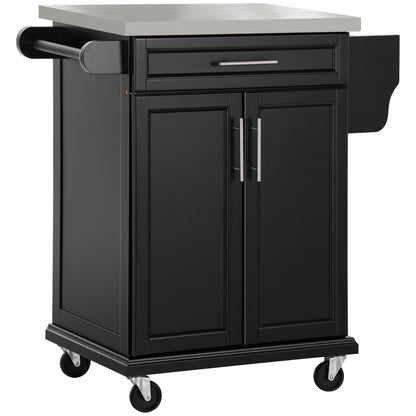 Kitchen Island Cart with Stainless Steel Top, Adjustable Shelf, Drawer, Spice Rack, Knife Holder, and Towel Rack, 83.5 x 45.7 x 90.5 cm, Black