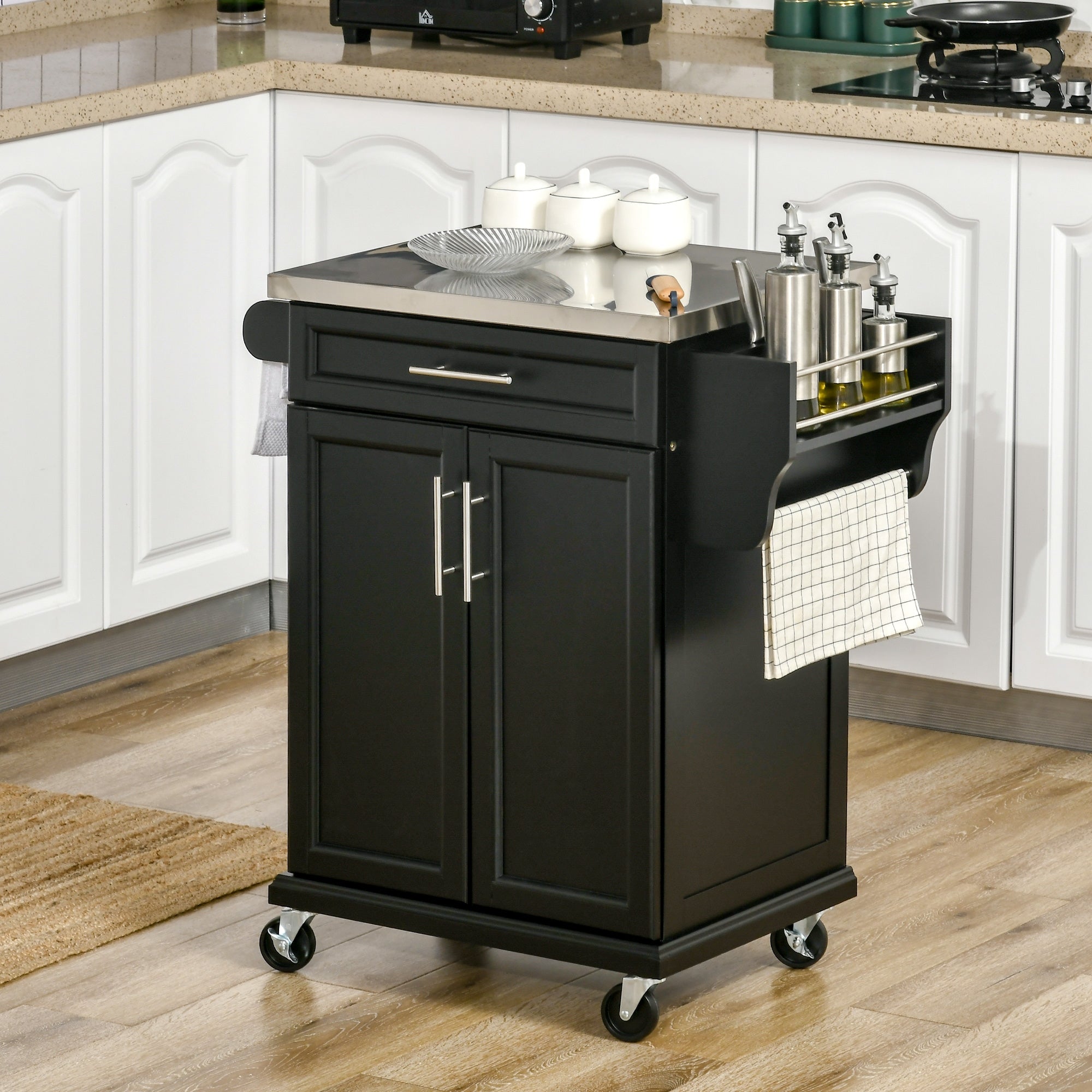 Kitchen Island Cart with Stainless Steel Top, Adjustable Shelf, Drawer, Spice Rack, Knife Holder, and Towel Rack, 83.5 x 45.7 x 90.5 cm, Black