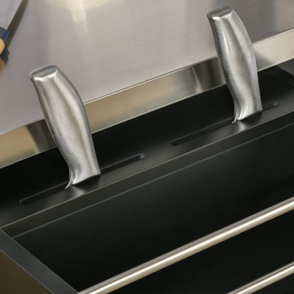 Kitchen Island Cart with Stainless Steel Top, Adjustable Shelf, Drawer, Spice Rack, Knife Holder, and Towel Rack, 83.5 x 45.7 x 90.5 cm, Black