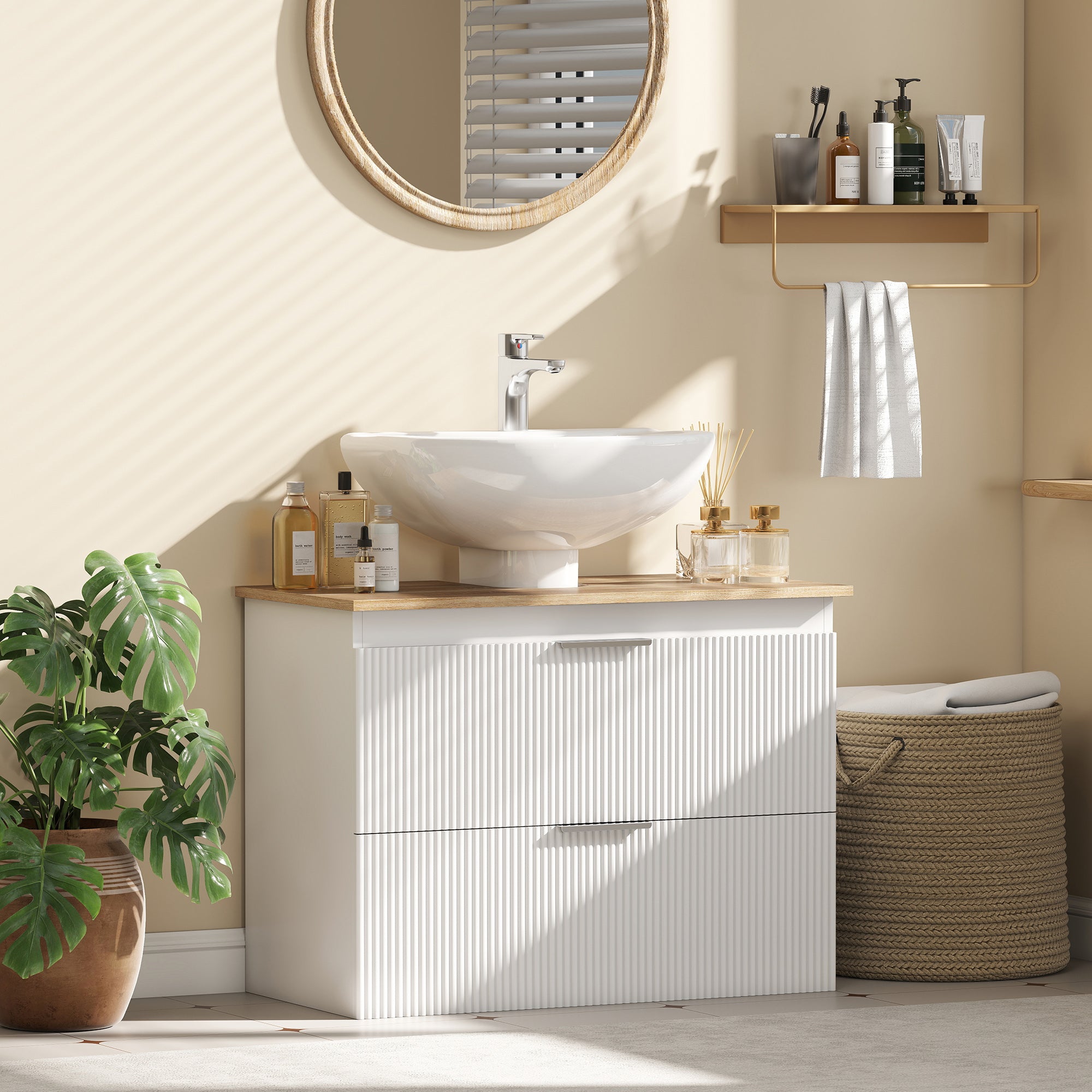 Bathroom Vanity Base Cabinet with Two Large Drawers, Two-Tone Design, Fits Pedestal or Basin Sinks, 31.5 x 15.7 x 23.6 in (80 x 40 x 60 cm), White & Natural