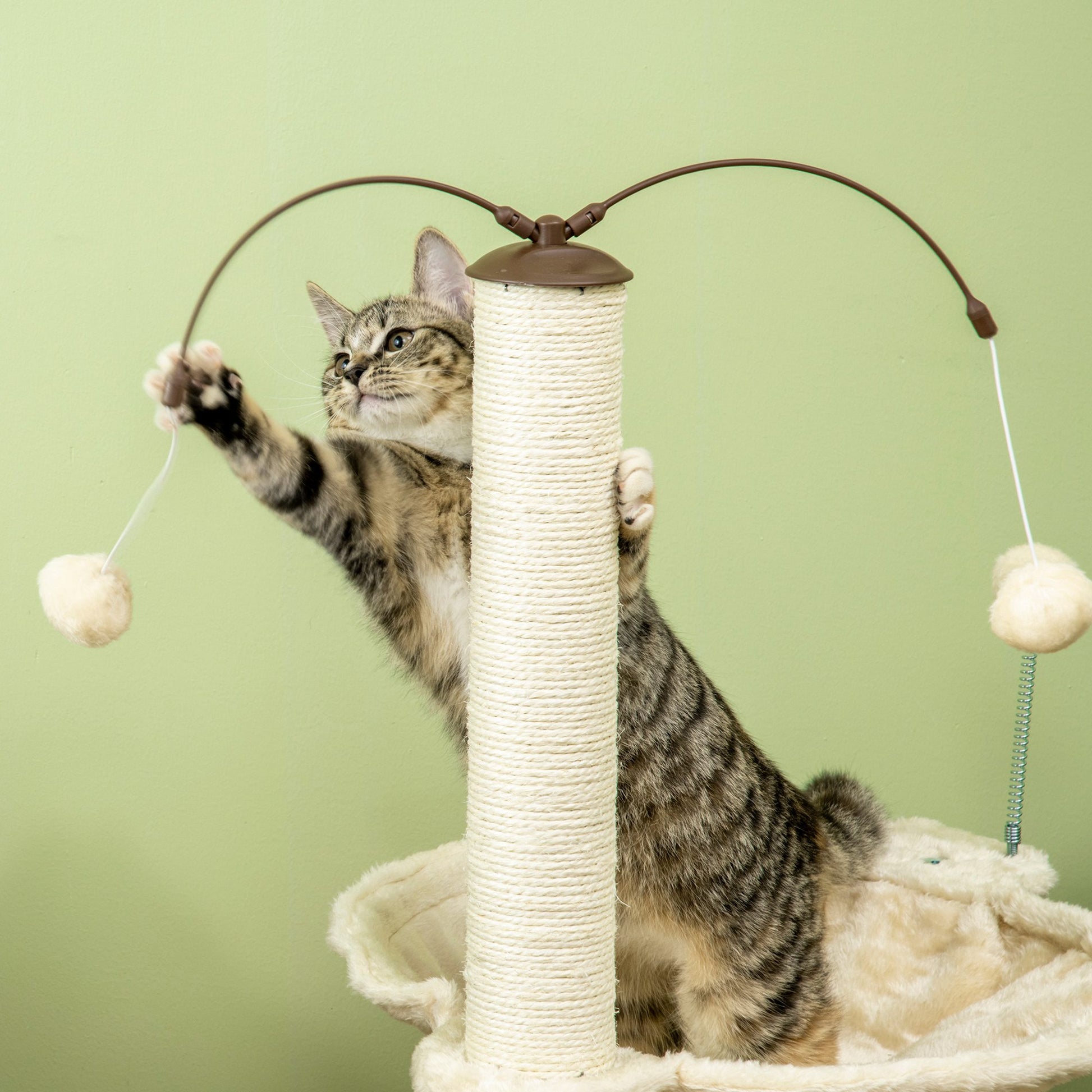 Cat Scratching Tree with Hammock Sisal Posts Height 90 cm Cat Tower with Hanging Rotating Balls Fun Ball and Multiple Games 53.5x53.5x90 cm Beige