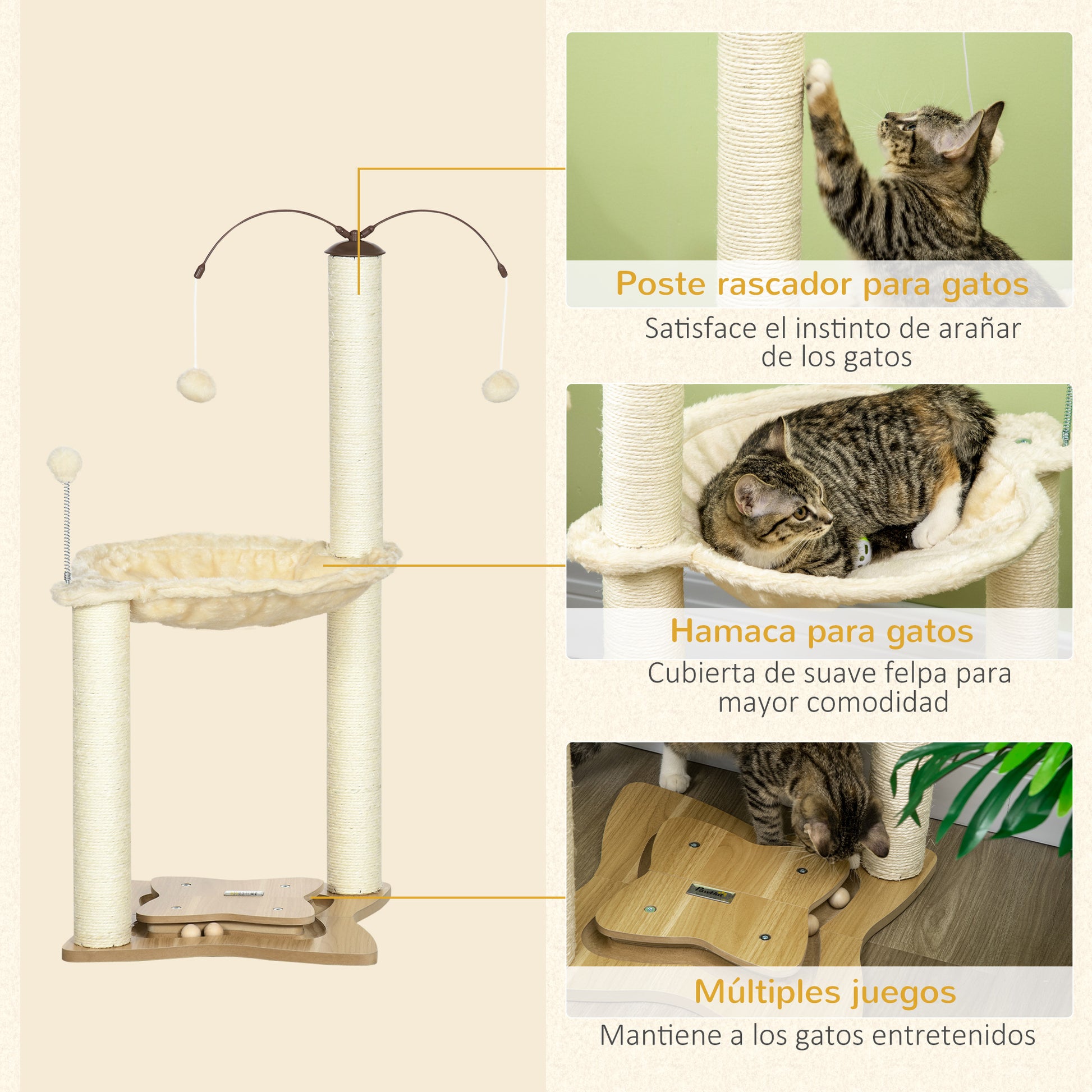 Cat Scratching Tree with Hammock Sisal Posts Height 90 cm Cat Tower with Hanging Rotating Balls Fun Ball and Multiple Games 53.5x53.5x90 cm Beige