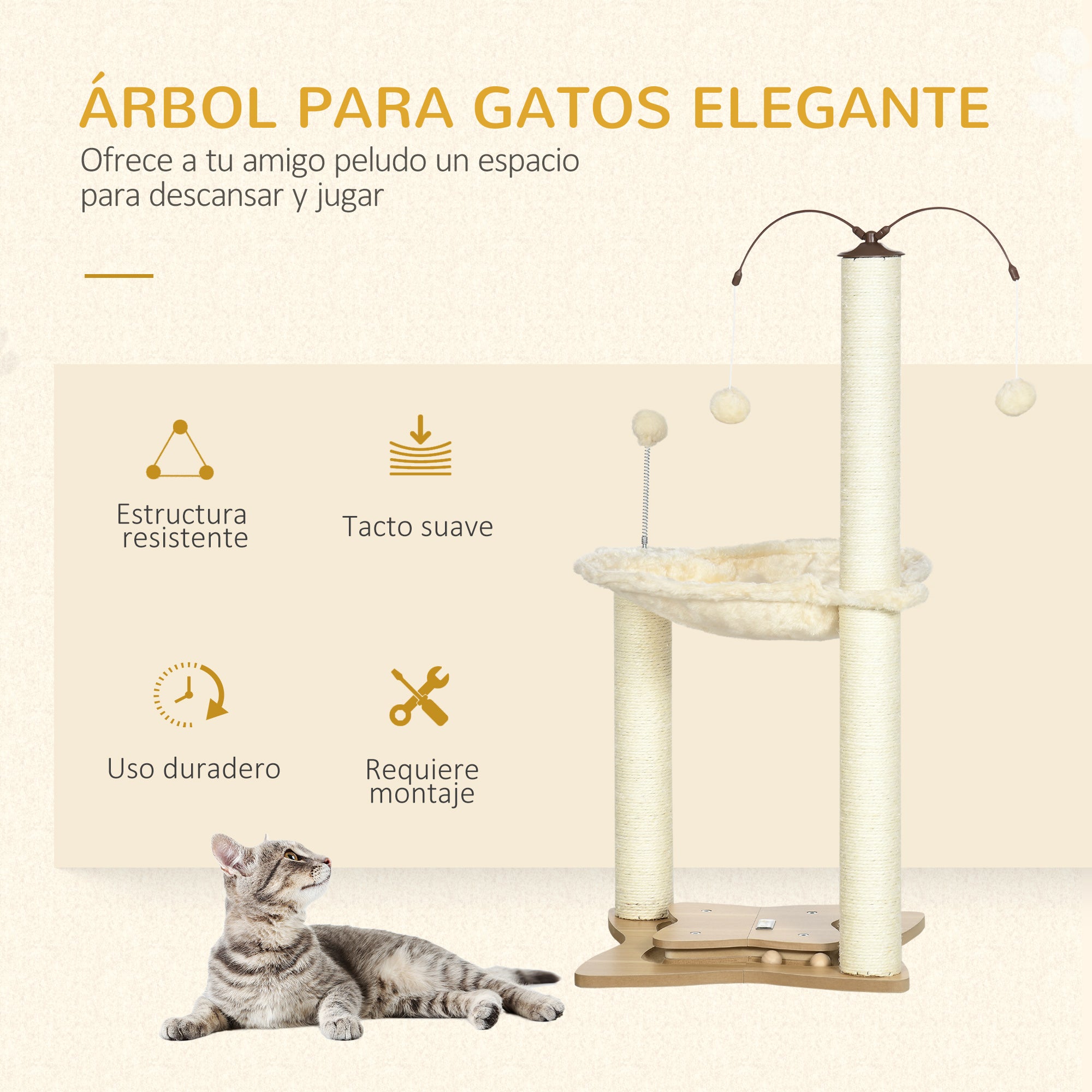 Cat Scratching Tree with Hammock Sisal Posts Height 90 cm Cat Tower with Hanging Rotating Balls Fun Ball and Multiple Games 53.5x53.5x90 cm Beige