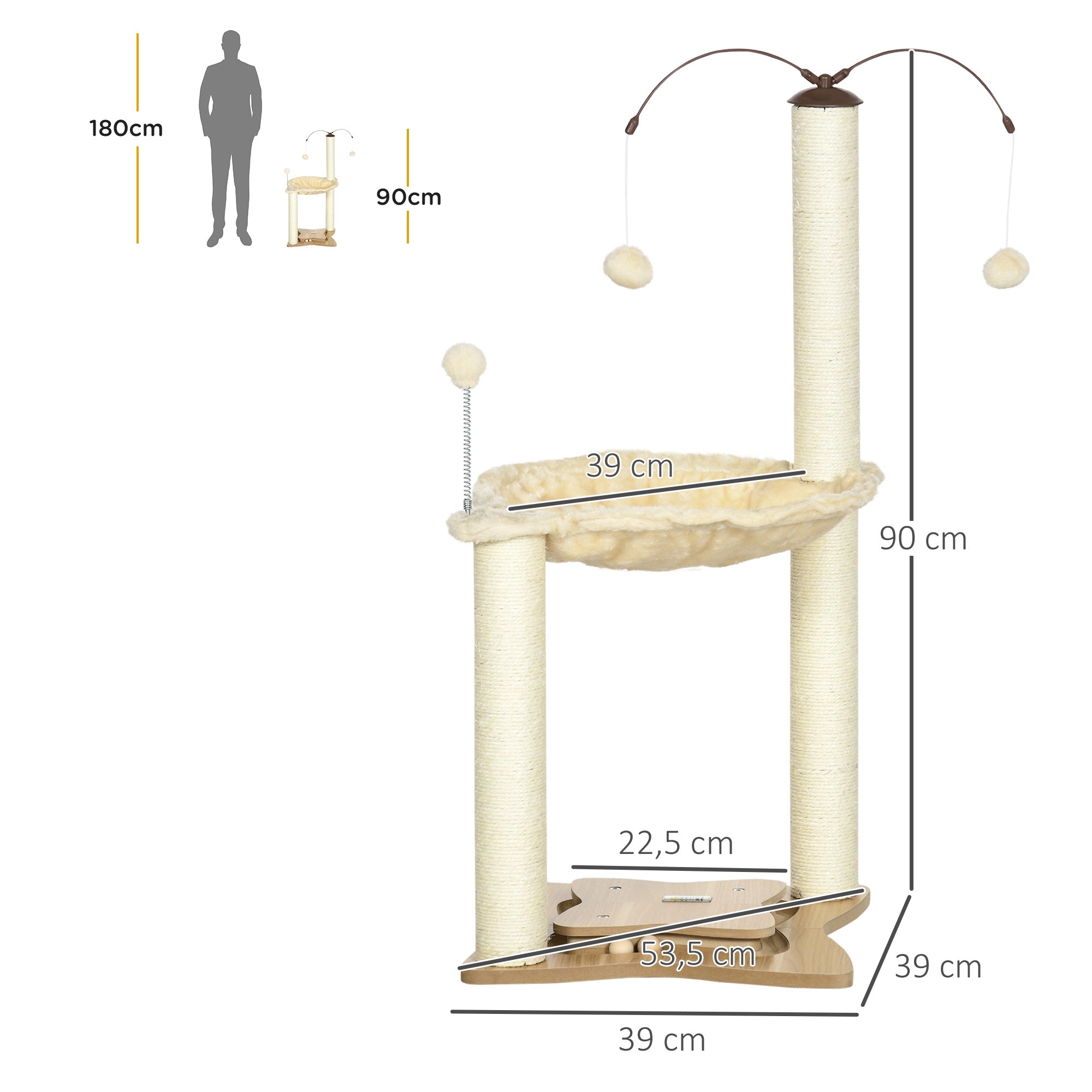 Cat Scratching Tree with Hammock Sisal Posts Height 90 cm Cat Tower with Hanging Rotating Balls Fun Ball and Multiple Games 53.5x53.5x90 cm Beige