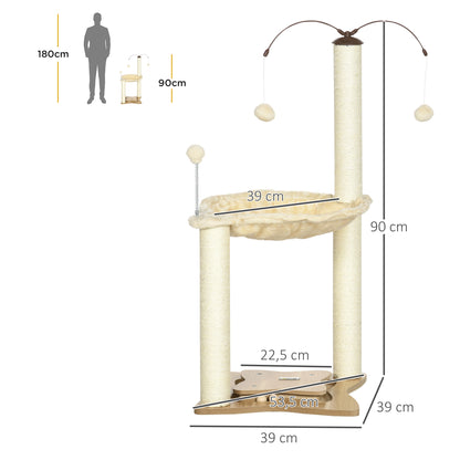 Cat Scratching Tree with Hammock Sisal Posts Height 90 cm Cat Tower with Hanging Rotating Balls Fun Ball and Multiple Games 53.5x53.5x90 cm Beige