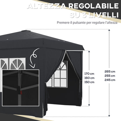 3x3 Pop-up Gazebo for 6-9 People with Adjustable Height, Drainage Holes, and Carrying Bag, Foldable Metal Gazebo with Ropes, Stakes, and Bags, Dark Gray