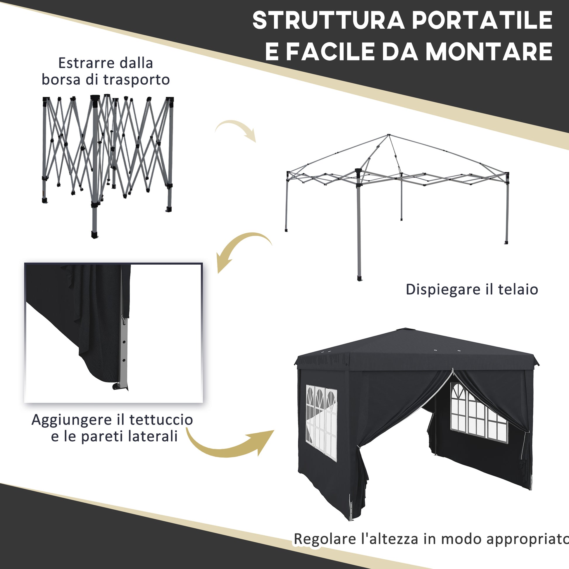 3x3 Pop-up Gazebo for 6-9 People with Adjustable Height, Drainage Holes, and Carrying Bag, Foldable Metal Gazebo with Ropes, Stakes, and Bags, Dark Gray
