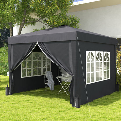 3x3 Pop-up Gazebo for 6-9 People with Adjustable Height, Drainage Holes, and Carrying Bag, Foldable Metal Gazebo with Ropes, Stakes, and Bags, Dark Gray