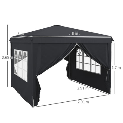 3x3 Pop-up Gazebo for 6-9 People with Adjustable Height, Drainage Holes, and Carrying Bag, Foldable Metal Gazebo with Ropes, Stakes, and Bags, Dark Gray
