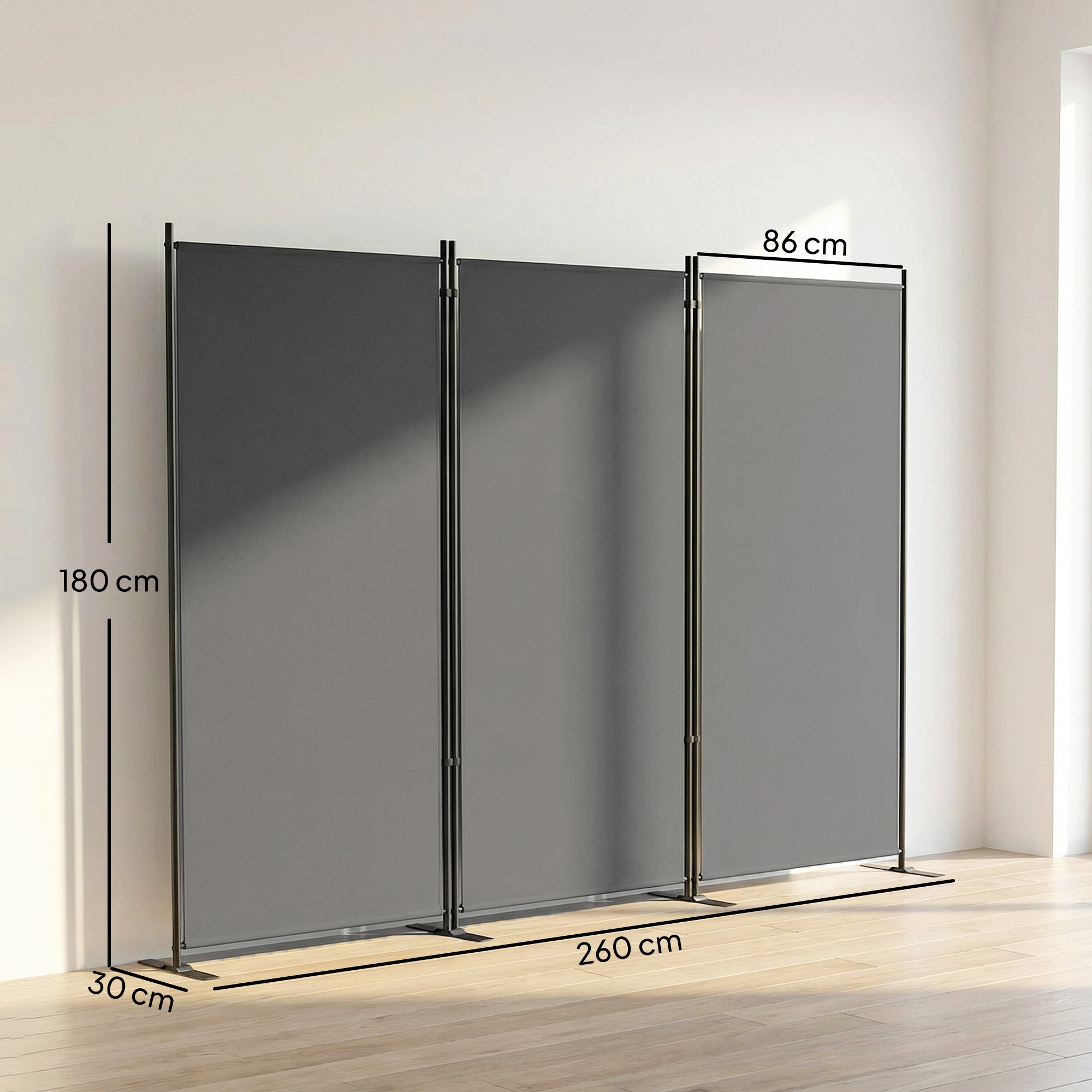 3-Panel Folding Screen, 260 x 180 cm (102.4 x 70.9 in), Room Divider with Metal Frame, UPF 30+, Indoor/Outdoor for Garden, Patio, Terrace, Dark Gray
