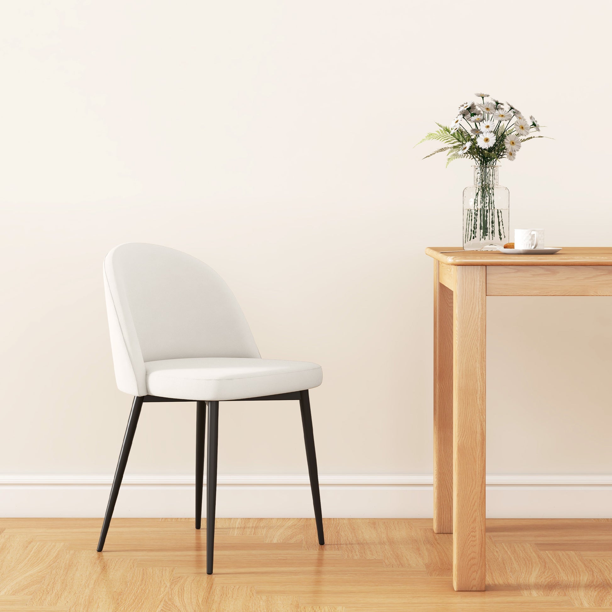 Set of 2 Dining Chairs Scandinavian Kitchen Chair Velvet Upholstered with Tapered Metal Legs, for Living Room, Dining Room, Cream