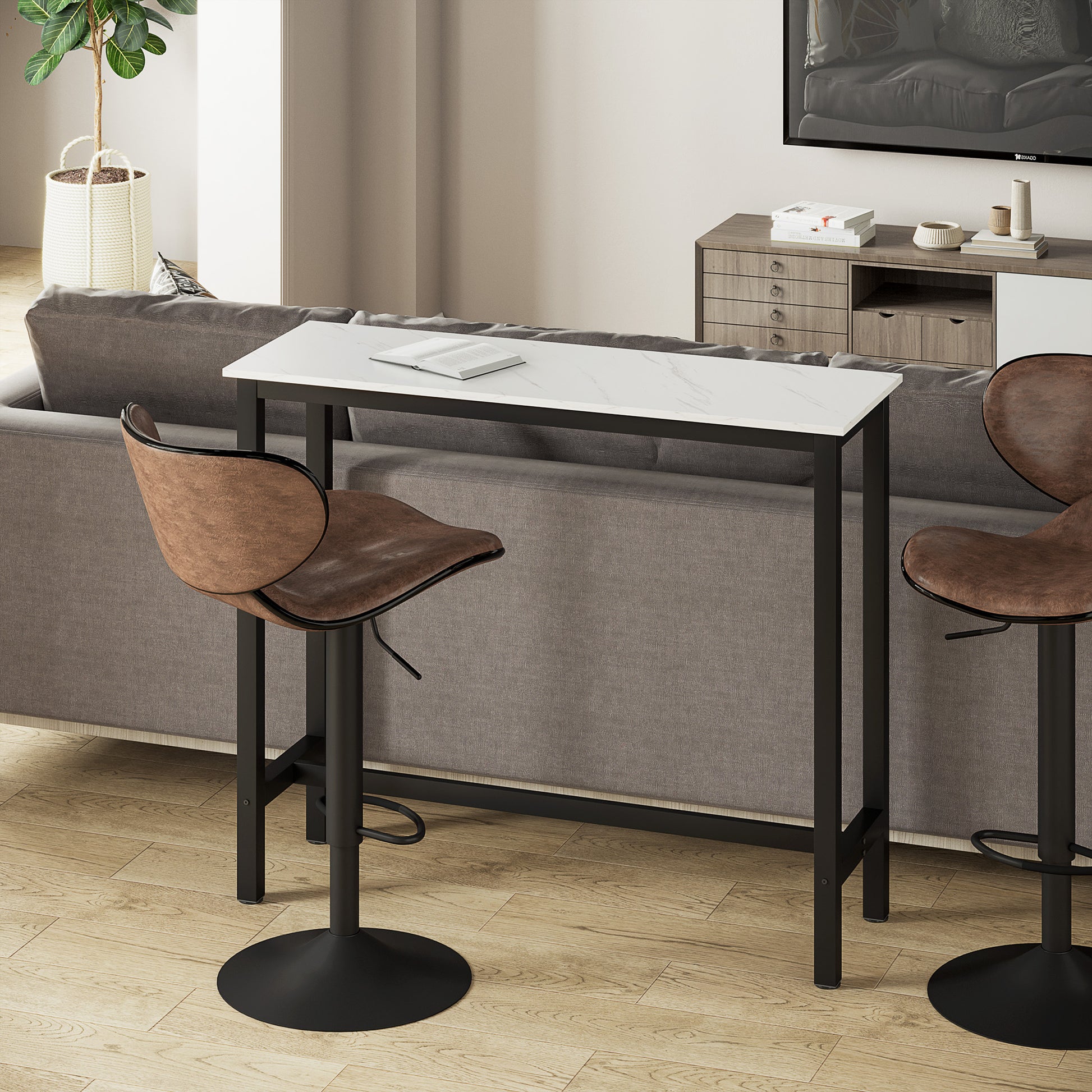 Bar Table High Kitchen Dining Table - 120L x 40W x 100H cm - Black Steel Frame, White Marble Look Top