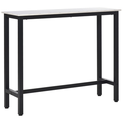 Bar Table High Kitchen Dining Table - 120L x 40W x 100H cm - Black Steel Frame, White Marble Look Top