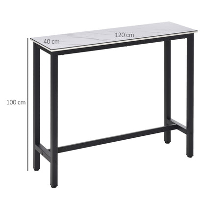 Bar Table High Kitchen Dining Table - 120L x 40W x 100H cm - Black Steel Frame, White Marble Look Top