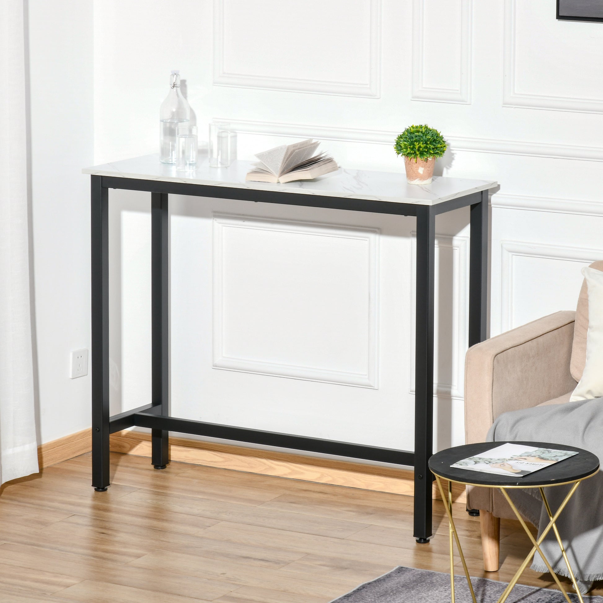Bar Table High Kitchen Dining Table - 120L x 40W x 100H cm - Black Steel Frame, White Marble Look Top