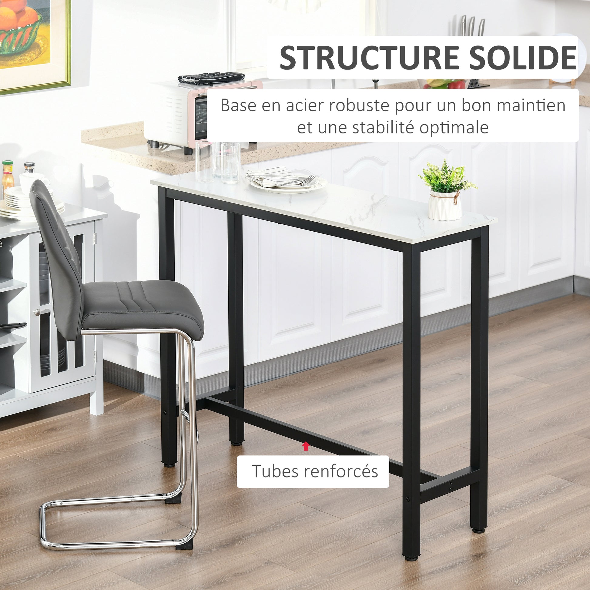 Bar Table High Kitchen Dining Table - 120L x 40W x 100H cm - Black Steel Frame, White Marble Look Top