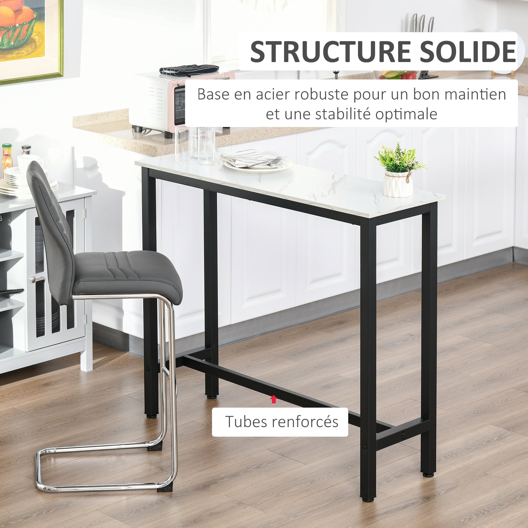 Bar Table High Kitchen Dining Table - 120L x 40W x 100H cm - Black Steel Frame, White Marble Look Top