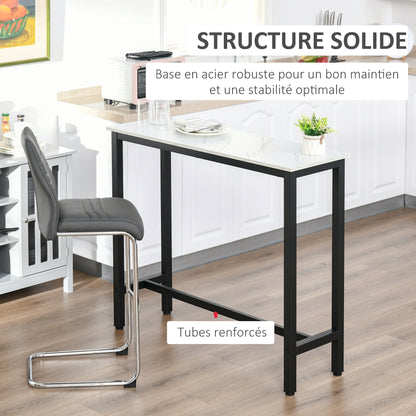 Bar Table High Kitchen Dining Table - 120L x 40W x 100H cm - Black Steel Frame, White Marble Look Top