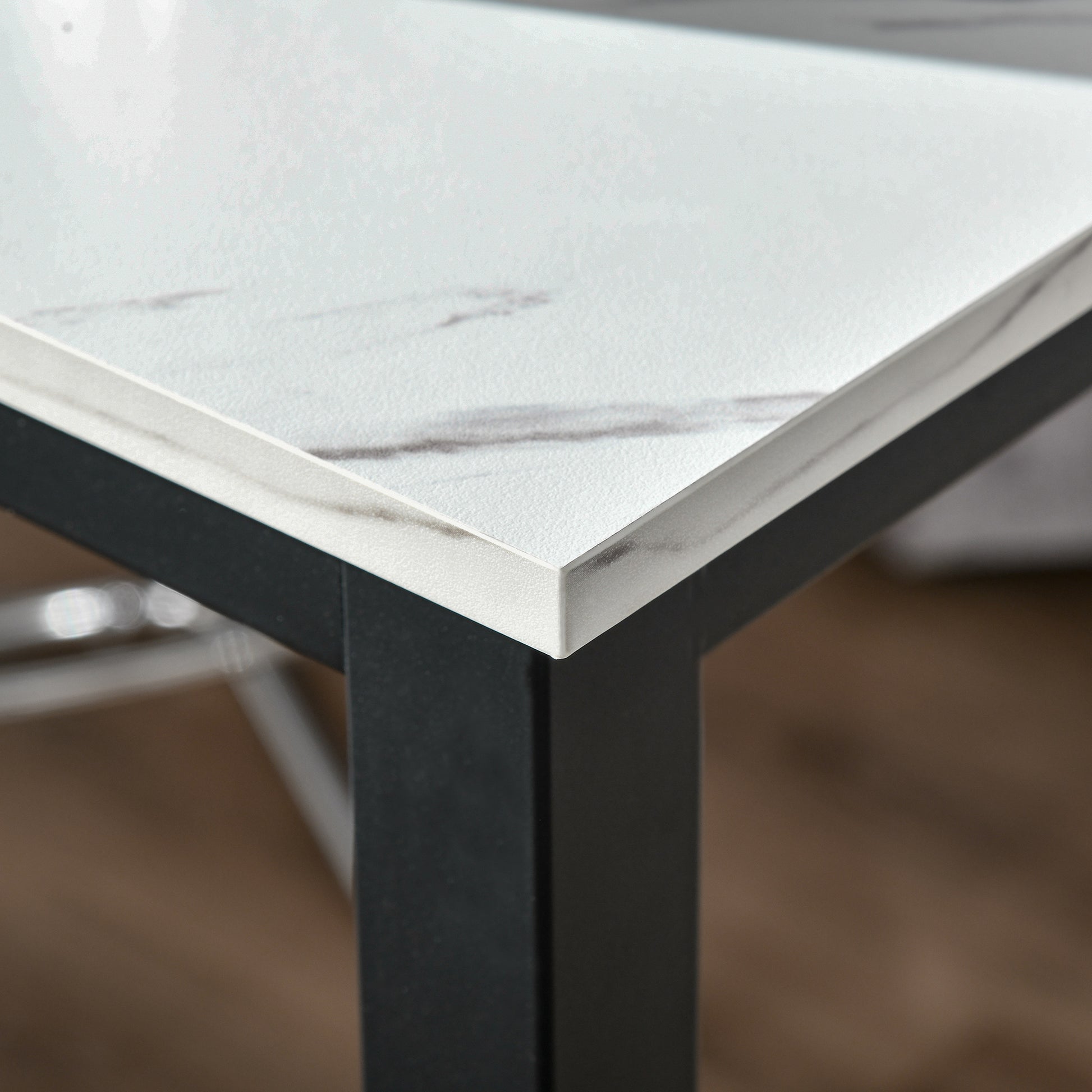 Bar Table High Kitchen Dining Table - 120L x 40W x 100H cm - Black Steel Frame, White Marble Look Top