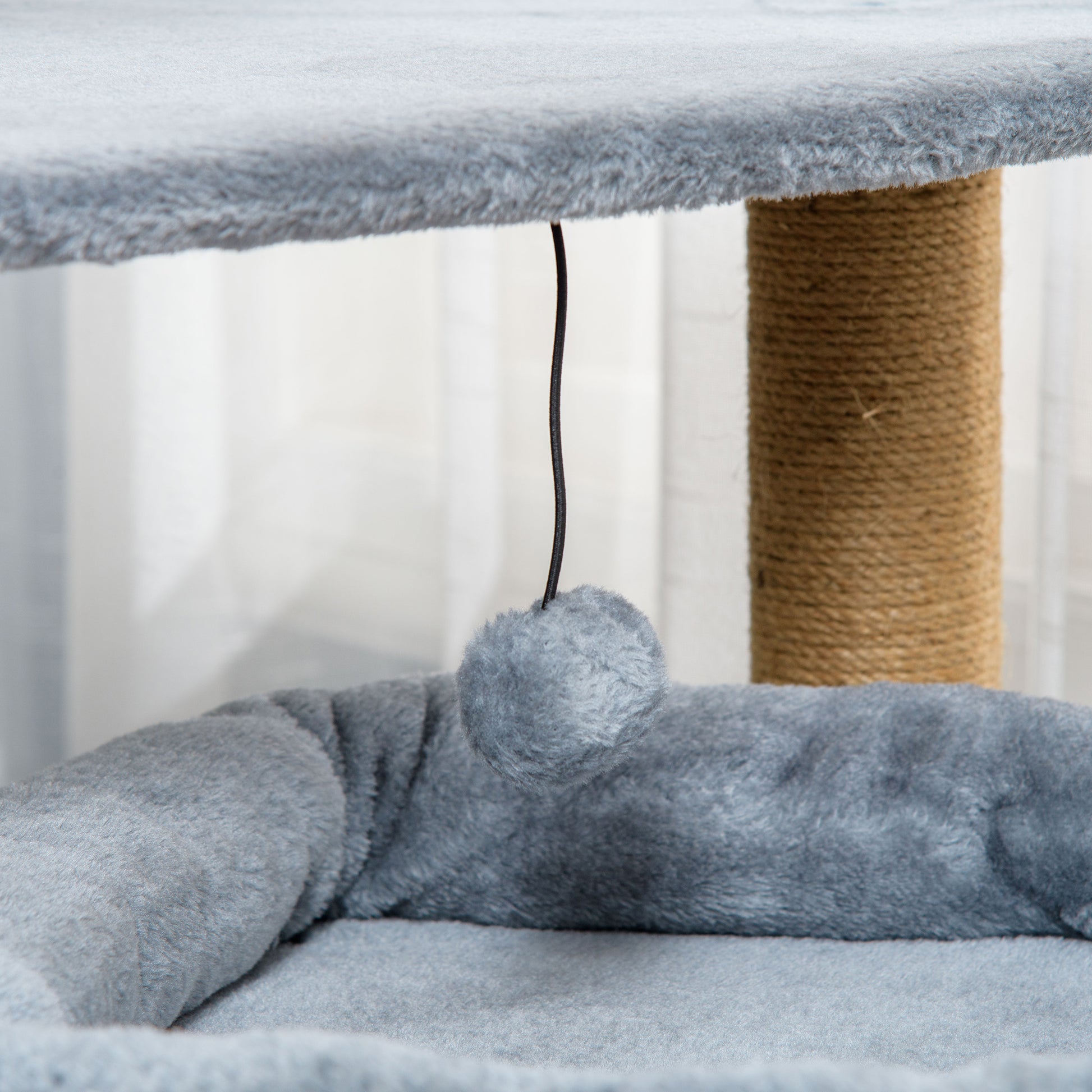 Cat Scratching Tree with Jute Rope Posts, House, and Cushion, Plush Covering, Height 84cm, Gray